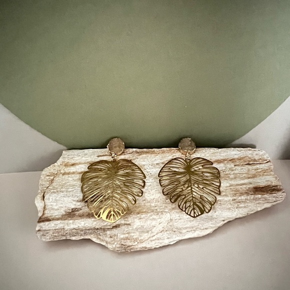 Elegant Gold Monstera Leaf Dangle Earrings - Trendy Boho Chic Leaf Earrings - Picture 13 of 16